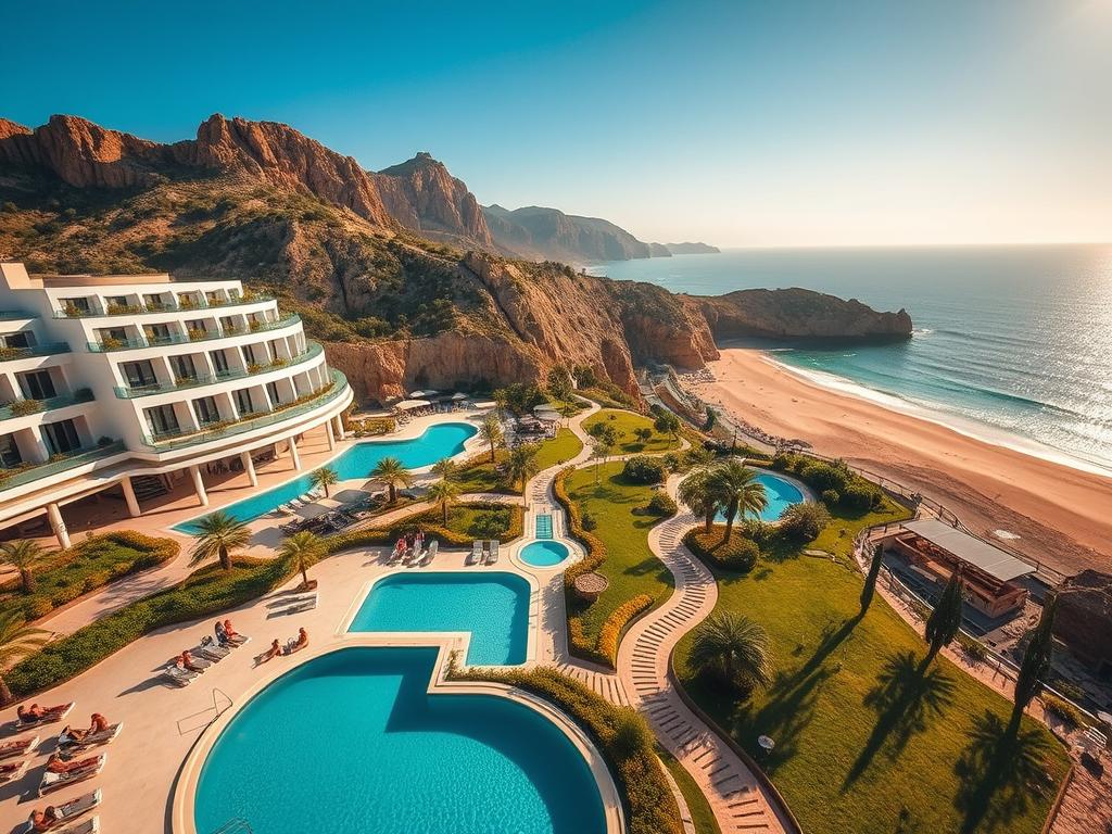 A breathtaking aerial view of a luxury beachfront hotel in Spain, nestled along a pristine golden sand beach and turquoise waters. The hotel's sleek, contemporary architecture stands in elegant contrast to the natural surroundings. In the foreground, guests lounge poolside, sipping cocktails and soaking up the Mediterranean sun. The middle ground features lush, manicured gardens and a winding pathway leading to the hotel's private beach cabanas. In the background, rugged cliffs and a clear blue sky set the scene for this idyllic, tranquil oasis. Warm, diffused lighting casts a soft, inviting glow over the entire composition. "Try Spain" - a premier luxury beach destination.