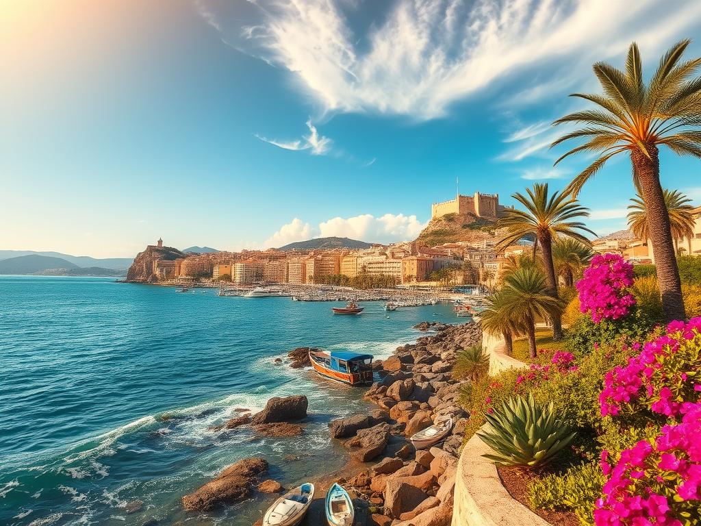 A breathtaking coastal scene in Alicante, Spain. In the foreground, the sun-drenched Mediterranean waters gently lap against the rocky shoreline, peppered with vibrant bougainvillea and palms. The middle ground reveals a picturesque harbor, lined with colorful fishing boats and bustling with local activity. In the background, the historic city skyline rises, crowned by the majestic Castillo de Santa Bárbara perched atop a towering cliff. Warm, golden sunlight filters through wispy clouds, casting a serene, dreamlike atmosphere. Captured with a wide-angle lens to showcase the sweeping, panoramic vistas. "Try Spain" - an unforgettable coastal escape.