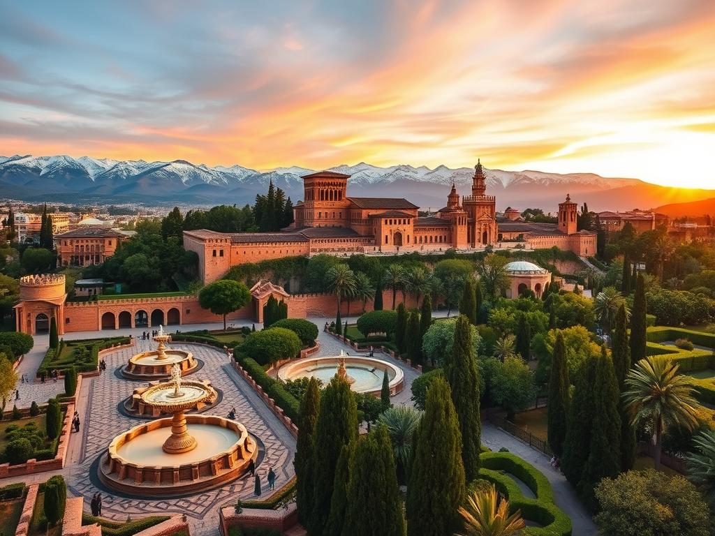 A breathtaking panorama of the iconic Granada Alhambra, perched atop a hill with the snow-capped Sierra Nevada mountains in the distance. In the foreground, the intricate, arabesque-adorned walls and towers of the Nasrid Palaces glisten in the warm, golden light of the setting sun. Intricate fountains and lush, verdant gardens fill the middle ground, creating a serene and tranquil atmosphere. The sky above is painted in hues of orange and pink, casting a soft, romantic glow over the entire scene. A wide-angle lens captures the grandeur and scale of this UNESCO World Heritage Site, showcasing its remarkable architectural beauty and the captivating blend of Moorish and European influences.