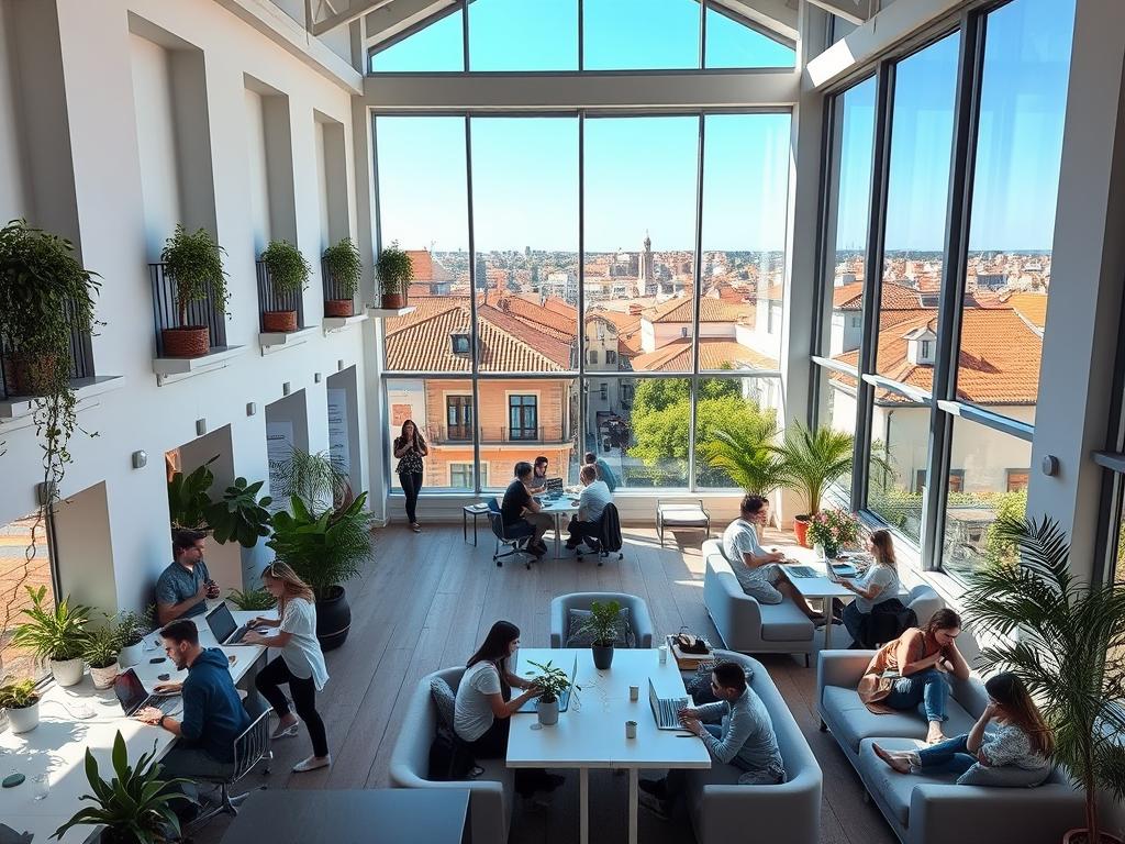 A bright, airy coworking space in a historic Spanish building, with high ceilings, large windows, and a minimalist, contemporary design. The foreground features groups of young professionals collaborating at sleek desks and communal tables, surrounded by potted plants and warm lighting. The middle ground showcases a dedicated lounge area with comfortable sofas and armchairs, while the background reveals a picturesque cityscape visible through the windows, with terracotta roofs and a clear blue sky. The atmosphere is productive yet relaxed, capturing the essence of the digital nomad lifestyle in Spain.