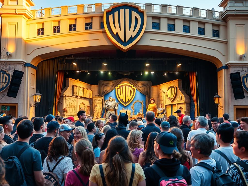 A bustling scene at Parque Warner Madrid, where visitors eagerly gather around their favorite characters. In the foreground, a group of guests excitedly greet costumed performers, their faces alight with joy. The middle ground showcases a meticulously crafted stage set, with detailed backdrops and props that transport onlookers to the heart of the Warner Brothers universe. In the background, the park's iconic architecture frames the lively atmosphere, bathed in warm, golden lighting that creates a welcoming ambiance. The energy and excitement of this character meet-and-greet event capture the essence of the park's entertainment offerings, inviting guests to immerse themselves in the magic of Warner's beloved characters.