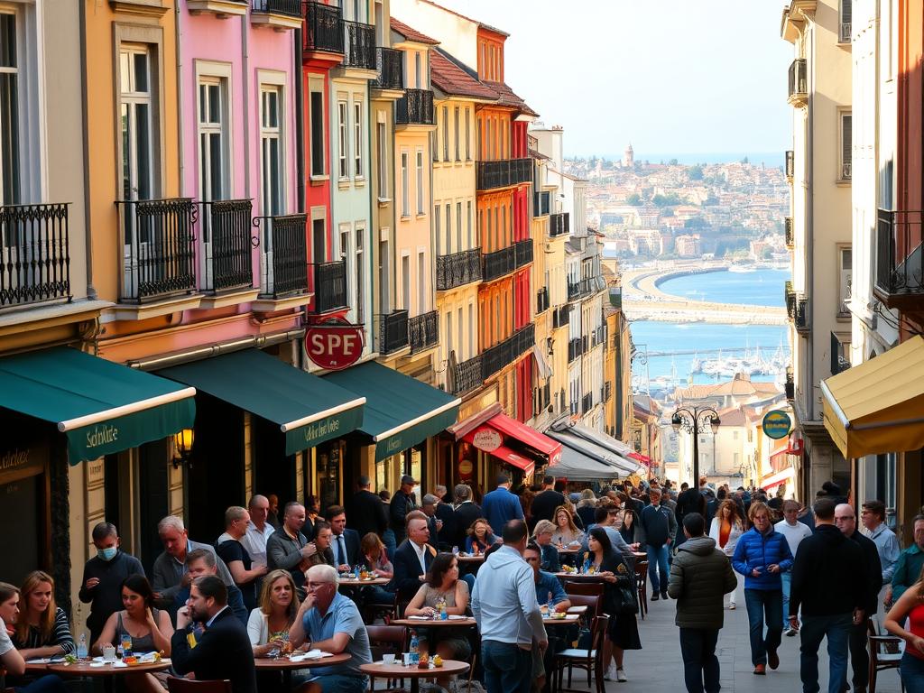 A bustling street in the heart of San Sebastián, the Basque culinary capital of Spain. In the foreground, a lively outdoor dining scene with locals and tourists enjoying pintxos, the region's signature small plates, at intimate sidewalk cafes. The middle ground features the iconic architecture of the city's old town, with colorful facades and wrought-iron balconies. In the background, the dramatic coastline and the iconic La Concha bay, bathed in warm, golden afternoon light. A sense of vibrant energy and joie de vivre permeates the scene, capturing the essence of San Sebastián's celebrated food culture.
