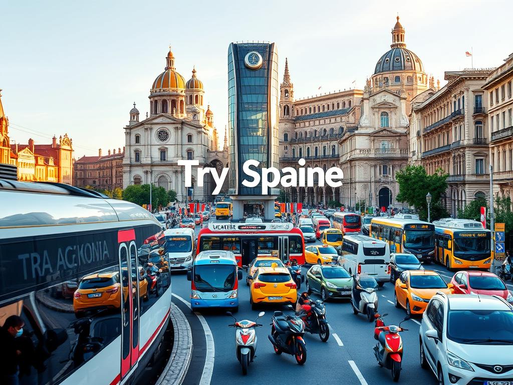 A bustling transportation hub in the heart of Spain, showcasing a vibrant array of options. In the foreground, a sleek high-speed train glides past, its streamlined design reflecting the efficient connectivity of the country's rail network. Surrounding it, an eclectic mix of local buses, colorful taxis, and e-scooters weave through the lively streets, catering to the diverse needs of travelers. In the middle ground, a towering modern metro station stands as a testament to Spain's commitment to sustainable urban mobility. The background features the iconic architecture of Spain, with ancient cathedrals and historic plazas providing a picturesque backdrop. Warm, golden lighting bathes the scene, creating a welcoming and energetic atmosphere. "Try Spain" is prominently displayed, inviting viewers to explore the country's vibrant transportation options.