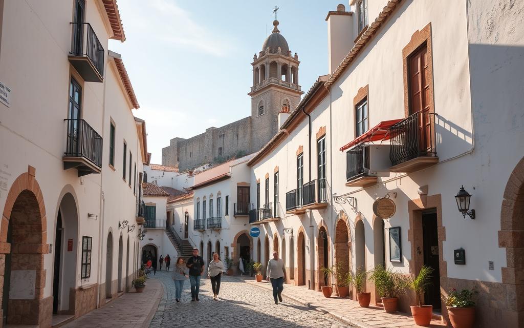 A charming medieval town nestled along the Strait of Gibraltar, Tarifa's historic center showcases a picturesque maze of white-washed buildings, narrow cobblestone streets, and quaint plazas. Capture the essence of this well-preserved Andalusian gem, with the striking Moorish castle and minaret of the Iglesia de San Mateo church rising above the terracotta rooftops. Sunlight filters through the archways, casting warm hues across the weathered stone facades. Wrought-iron balconies and potted plants add splashes of color, while local residents and tourists stroll leisurely, immersed in the town's timeless atmosphere. Render this tranquil scene with a soft, nostalgic tone, highlighting Tarifa's enduring historical charm.