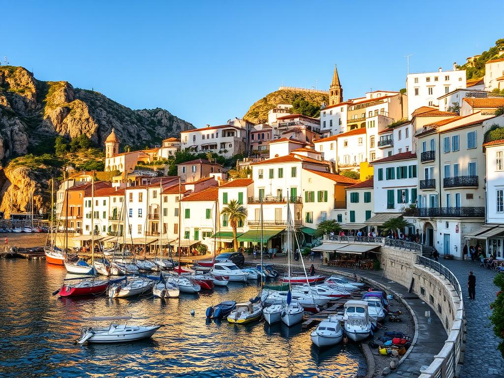 A charming seaside resort in Cadaqués, Spain, nestled between rugged cliffs and the sparkling Mediterranean. The quaint whitewashed buildings with their terra cotta roofs are bathed in warm afternoon sunlight, their reflections dancing on the calm waters. In the foreground, a picturesque harbor filled with colorful fishing boats and sailboats, surrounded by cobblestone streets lined with cafes and boutiques. Warm, inviting atmosphere with a vintage, romantic feel. Try Spain.
