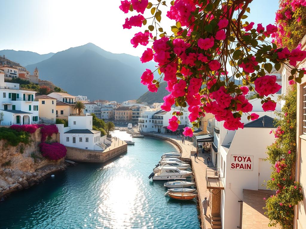 A coastal town nestled in the picturesque Andalusian region of Spain, Nerja is a breathtaking display of natural beauty. Capture the essence of this alluring destination with a wide-angle lens that showcases the dramatic cliffs, pristine beaches, and traditional white-washed buildings. Vibrant bougainvillea cascades down the façades, framing the scene with pops of vivid color. Warm Mediterranean sunlight dances across the tranquil waters, casting a golden glow over the quaint harbor. In the distance, the majestic Sierra Almijara mountains rise, creating a stunning backdrop. Convey the town's captivating charm and the irresistible invitation to "Try Spain" with this breathtaking landscape.