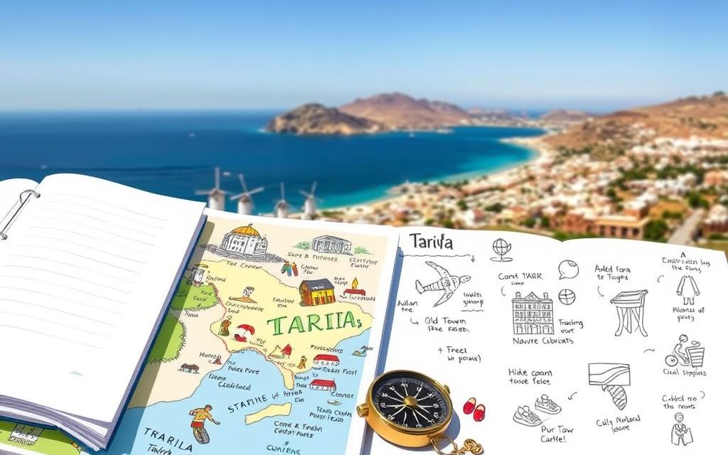 A detailed itinerary for planning a trip to Tarifa, Spain, captured in a vibrant, hand-drawn style. In the foreground, a map of the Tarifa region with key landmarks and attractions highlighted, accompanied by a travel journal and a compass. In the middle ground, sketches of various activities - kitesurfing, exploring the old town, hiking in the nearby nature reserves. In the background, a panoramic view of the Strait of Gibraltar, with the rugged coastline, windmills, and the distant African continent. The overall atmosphere is one of adventure, discovery, and the unique blend of Andalusian and Moroccan influences that define Tarifa's character.