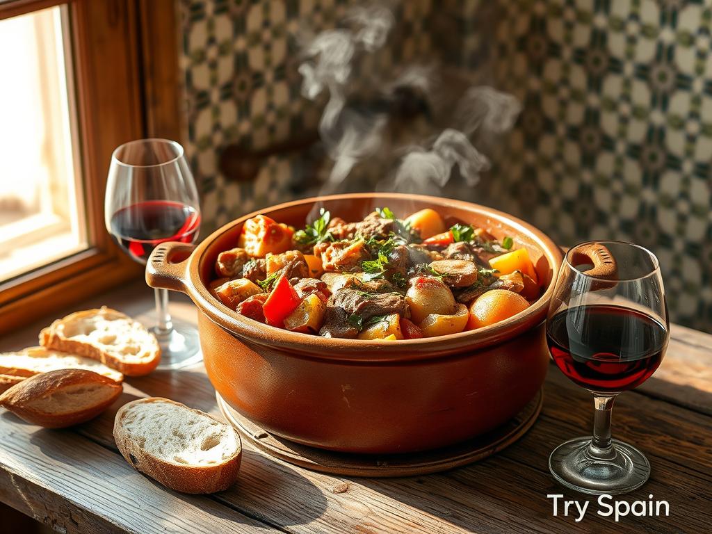 A hearty summertime stew of Escudella i Carn d'Olla, overflowing with tender meat, plump vegetables, and aromatic herbs. A steam-filled earthenware pot sits atop a weathered wooden table, surrounded by crusty bread and a glass of ruby-red wine. The light streams in through a nearby window, casting a warm glow across the scene. In the background, a traditional Catalan tile pattern adds a rustic charm. "Try Spain" - a vibrant and mouthwatering depiction of this quintessential Spanish comfort dish.