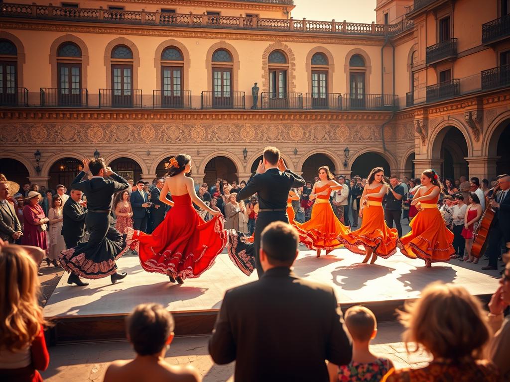 A lively Seville square bathed in warm, golden sunlight, with a group of passionate flamenco dancers performing on a raised stage. Their colorful, swirling dresses and precise, rhythmic footwork captivate the audience gathered around. In the background, historic Moorish architecture frames the scene, its intricate details and ochre hues complementing the vibrant energy of the flamenco performance. Subtle shadows and highlights accentuate the dancers' dynamic movements, while a vintage-inspired camera lens lends a timeless, cinematic quality to the image. The overall atmosphere conveys the enchanting allure of Seville's renowned flamenco culture.