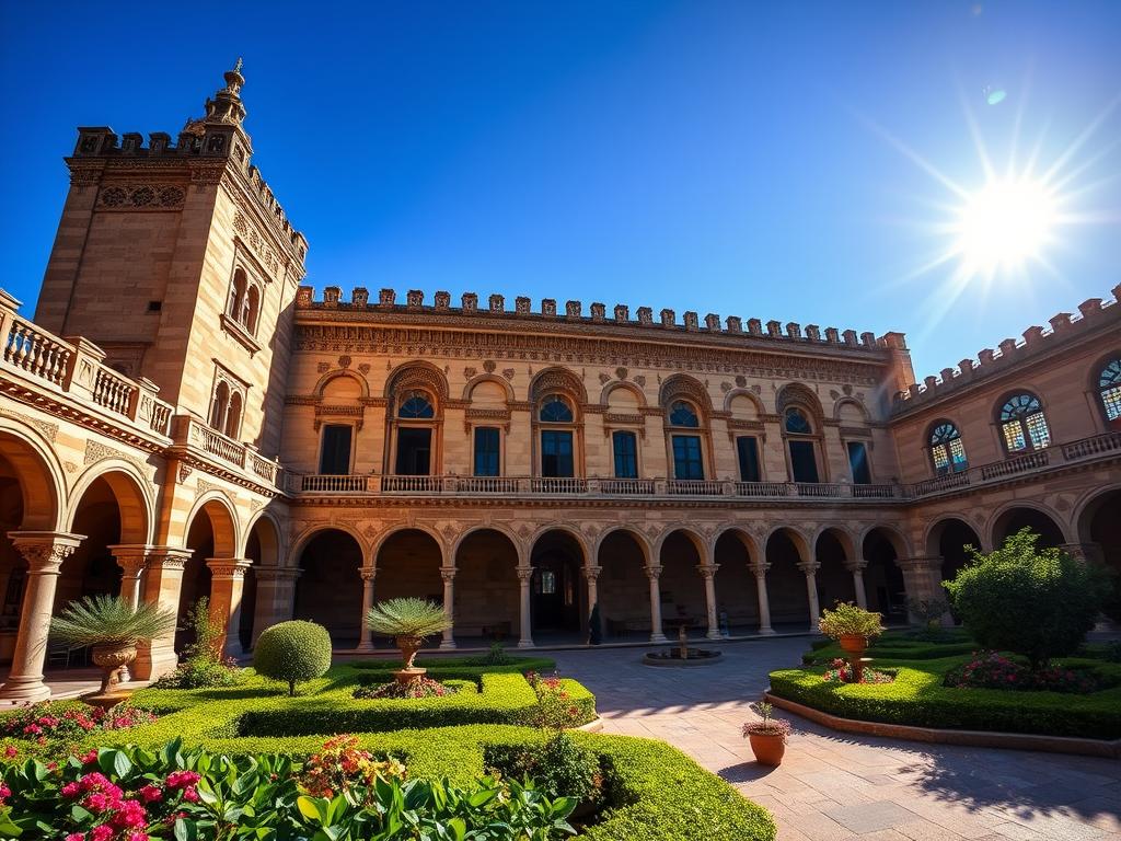 A majestic 14th-century Mudéjar-style palace, the Alcázar of Seville stands tall against a backdrop of azure skies. Its intricate stone façade, adorned with ornate arches and delicate patterns, casts dramatic shadows across the sun-dappled courtyard. Lush gardens with vibrant flora surround the palace, their verdant hues complementing the warm, golden tones of the architecture. Sunlight filters through stained glass windows, casting a soft, ethereal glow throughout the grand interior spaces. A wide-angle lens captures the impressive scale and grandeur of this historic landmark, inviting the viewer to step into the heart of Seville's cultural heritage. Try Spain.