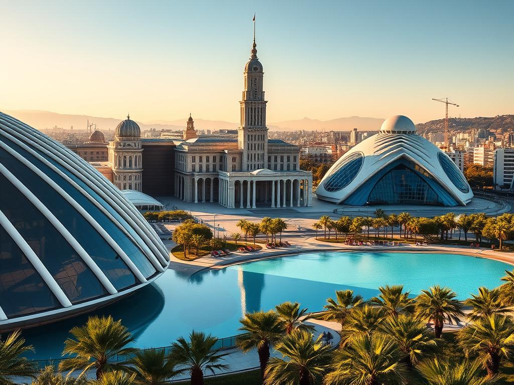 A majestic cityscape of Valencia's iconic City of Arts and Sciences, bathed in the warm golden glow of a summer sunset. In the foreground, the curvaceous, futuristic architecture of the Hemisfèric and Príncipe Felipe Science Museum stand tall, their sleek lines and reflective surfaces mirroring the azure waters of the surrounding pools. The mid-ground is dominated by the towering, white marble grandeur of the Palau de les Arts Reina Sofía opera house, its elegant arches and domes casting long shadows across the scene. In the distance, the Museu de les Ciències Príncipe Felipe rises like a luminous, glass-enclosed oasis, its dynamic form complemented by the lush, verdant landscaping that surrounds it. A sense of wonder and timeless beauty permeates the entire composition, capturing the essence of Valencia as a premier summer destination.