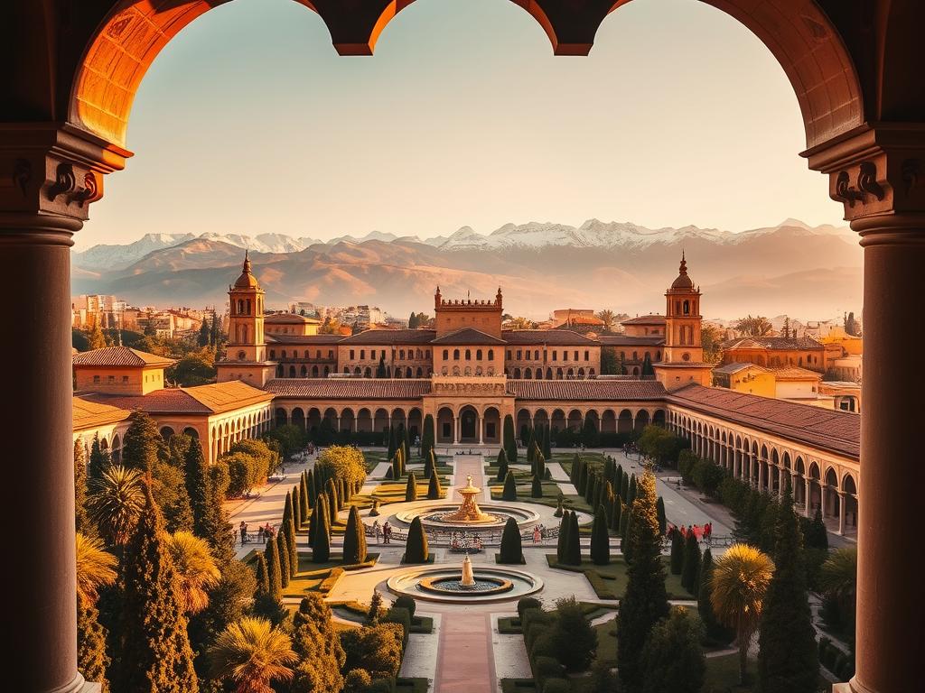 A majestic view of the Alhambra, a Moorish palace and fortress in Granada, Spain, bathed in warm, golden sunlight. In the foreground, intricate arches and columns frame the scene, leading the eye towards the iconic red-tiled roofs and towers of the palace complex. The middle ground showcases the lush, verdant gardens and fountains, creating a serene and tranquil atmosphere. In the background, the snow-capped peaks of the Sierra Nevada mountains rise majestically, providing a stunning natural backdrop. Capture the essence of this historic and culturally significant site with a cinematic, wide-angle lens. "Try Spain" - experience the beauty and wonder of Granada's Alhambra.