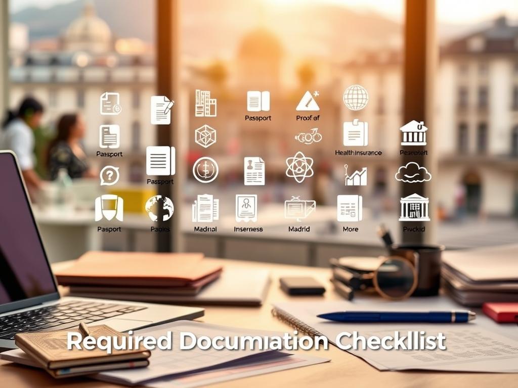 A neatly organized workspace with a laptop, documents, and office supplies in the foreground, bathed in warm, natural lighting. In the middle ground, digital icons and illustrations representing the required paperwork for a Spain Digital Nomad Visa, including passport, proof of income, health insurance, and more. The background features a blurred cityscape of Madrid, conveying the destination and the digital nomad lifestyle. The overall atmosphere is professional, informative, and inviting, setting the stage for the "Required Documentation Checklist" section of the article.