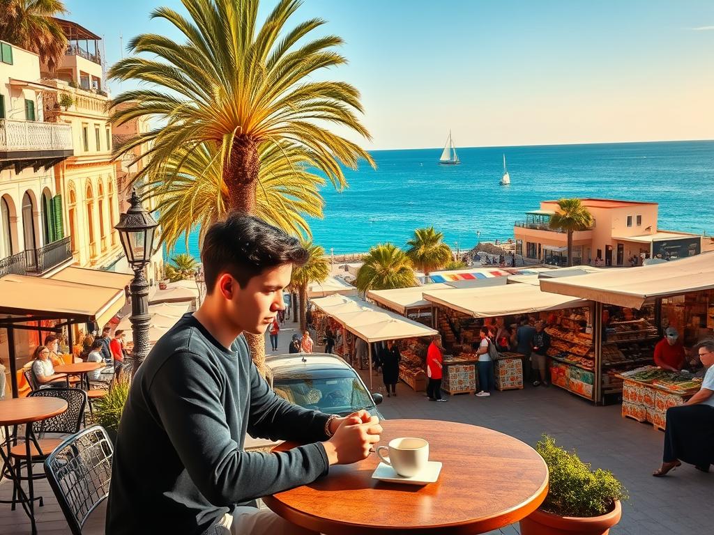 A picturesque coastal city in Spain, with a charming promenade lined with palm trees and bustling cafes. In the foreground, a young digital nomad sits at an outdoor table, sipping a coffee and reviewing their laptop. The middle ground showcases the vibrant local market, filled with stalls selling fresh produce and artisanal goods. In the background, the azure waters of the Mediterranean stretch out, with the occasional sailboat dotting the horizon. Warm, golden sunlight bathes the scene, creating a serene and inviting atmosphere. Try Spain - the perfect blend of work and play for the modern digital nomad.