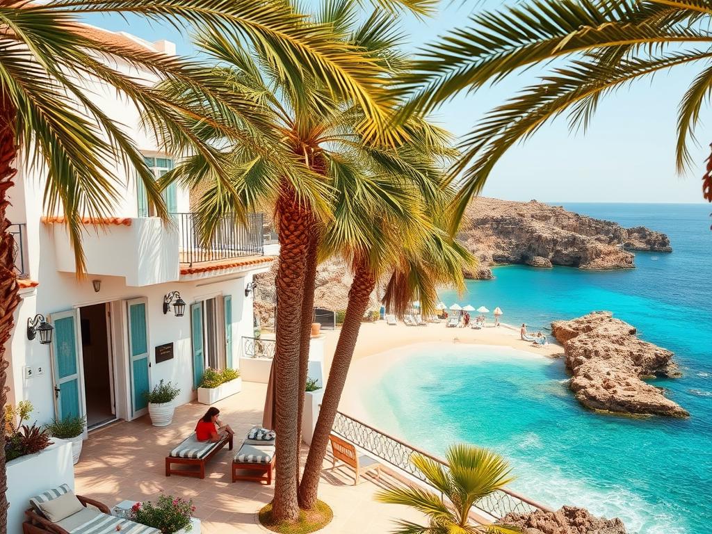 A picturesque view of a boutique hotel nestled along the pristine beaches of Formentera, Spain. The sun-drenched exterior features white-washed walls, terracotta tiles, and wrought-iron balconies, exuding a charming Mediterranean ambiance. Lush palm trees sway gently in the coastal breeze, framing the serene beachfront setting. Guests lounge on the hotel's private deck, surrounded by crystal-clear azure waters and the rugged cliffs in the distance. Warm, soft lighting bathes the scene, creating a tranquil, inviting atmosphere. Showcasing the unique character of Formentera's boutique hotels, this image perfectly captures the essence of "Try Spain's" exclusive beachfront retreats.