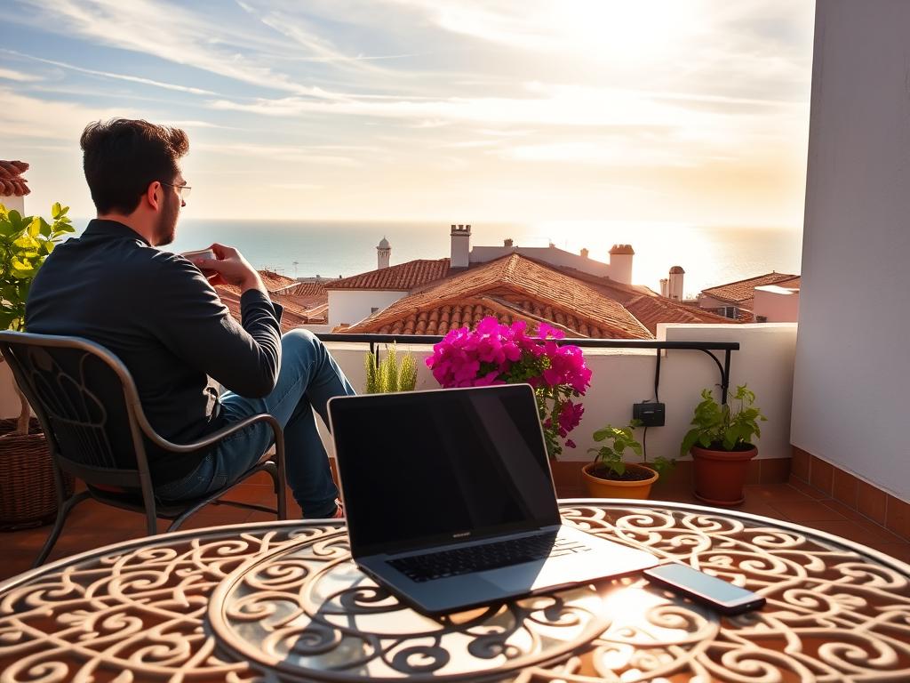 A remote worker sits on a balcony in Andalusia, Spain, sipping coffee and gazing out at the vibrant terracotta rooftops and the sparkling Mediterranean Sea beyond. The warm, golden sunlight filters through wispy clouds, casting a serene, "Try Spain" glow over the scene. In the foreground, a laptop and smartphone rest on a wrought-iron table, symbolizing the flexibility and connectivity of the digital nomad lifestyle. The middle ground features potted plants and a vibrant bougainvillea vine, adding a touch of lush, Spanish charm. The background showcases the distinctive architecture, with white-washed walls and terracotta tiles, transporting the viewer to the heart of Andalusian culture.