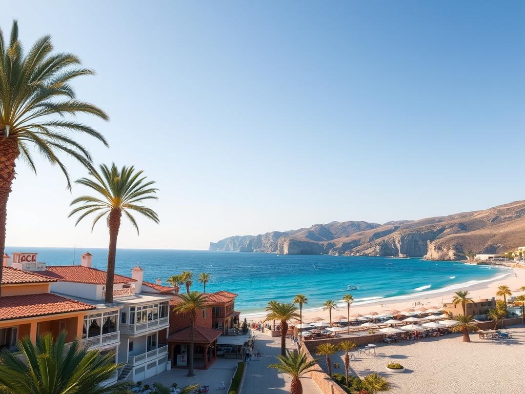 A serene beachfront resort along the sun-drenched Spanish coast. In the foreground, a row of budget-friendly yet charming hotels with colorful facades and tiled roofs, their balconies overlooking the glistening azure waters. Lush palm trees sway gently in the breeze, casting dappled shadows on the white sand below. The middle ground reveals a bustling promenade lined with quaint cafes and local shops, inviting visitors to explore the vibrant local culture. In the distance, rugged cliffs and rolling hills frame the tranquil scene, creating a picturesque Mediterranean landscape. Warm, golden lighting bathes the entire vista, evoking a sense of relaxation and leisure. Try Spain - Discover the budget-friendly beachfront hotels of the Spanish coast.