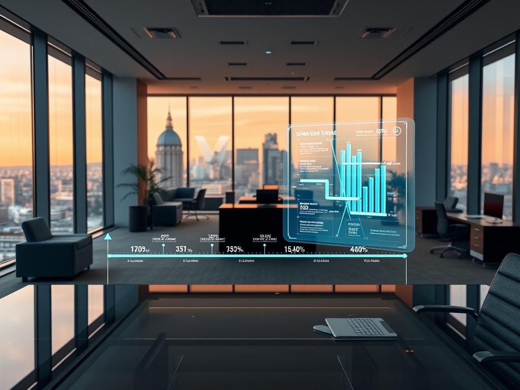 A sleek, modern administrative office interior with minimalist furniture and clean lines. In the foreground, a glass-topped desk displays a Gantt chart timeline showcasing the different stages of the Spain digital nomad visa application process. The middle ground features a futuristic holographic projection displaying relevant statistics and timelines. The background has floor-to-ceiling windows overlooking a vibrant cityscape, bathed in warm, diffused lighting. An atmosphere of efficiency, technology, and forward-thinking permeates the scene.