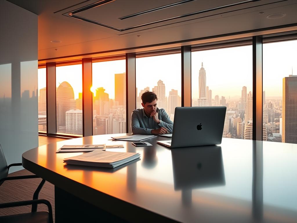 A sleek, modern office interior with a prominent desk in the foreground. On the desk, a laptop, some documents, and a stack of papers. In the middle ground, a person sitting at the desk, deep in thought, gazing intently at the screen. The background features floor-to-ceiling windows overlooking a bustling city skyline, bathed in warm, golden-hour lighting. The overall atmosphere conveys a sense of efficiency, professionalism, and the complexities of navigating the digital nomad visa renewal process in Spain.