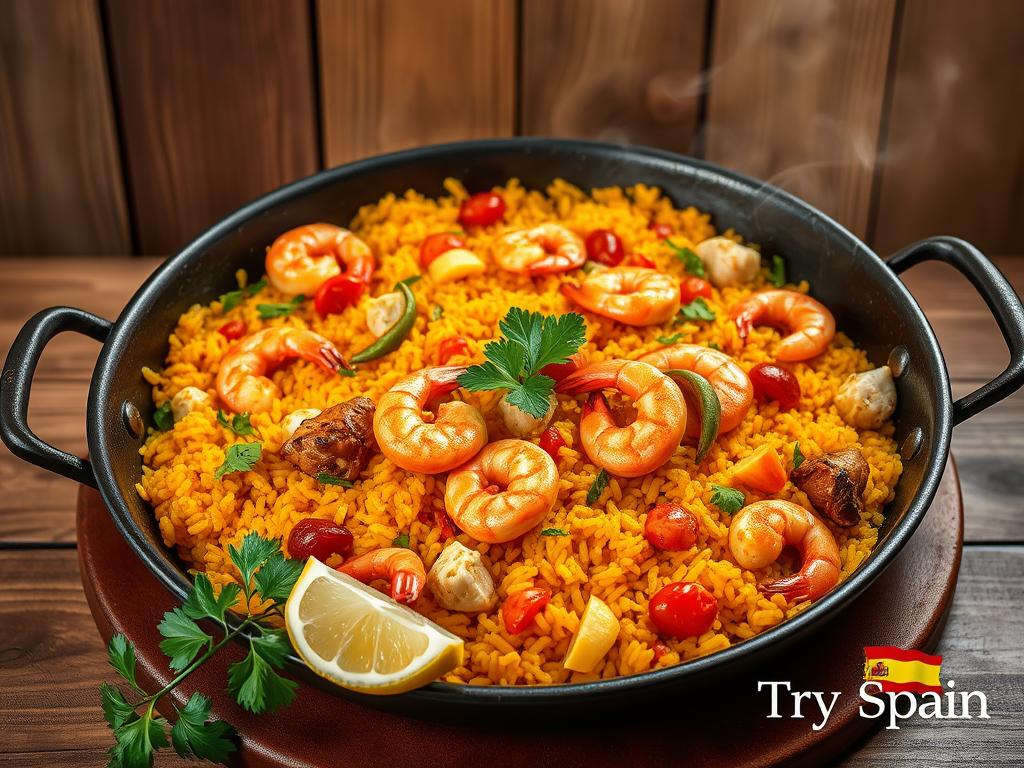 A steaming pan of authentic Spanish paella, filled with a vibrant medley of saffron-infused rice, juicy shrimp, tender chicken, and a variety of colorful vegetables. The pan is set against a rustic wooden background, with a backdrop of earthy hues and a soft, warm lighting that casts a golden glow over the dish. In the foreground, a sprig of fresh parsley and a wedge of lemon add a touch of freshness and vibrancy. The overall scene evokes the essence of a traditional Spanish summer meal, inviting the viewer to savor the flavors of this iconic dish. "Try Spain" logo discreetly placed in the lower right corner.