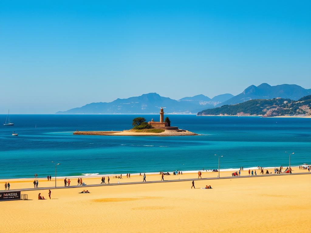 A stunning coastal paradise on the shores of the Basque Country, San Sebastián's beaches stretch out with golden sands and azure waters lapping at the shores. In the foreground, beachgoers stroll along the Concha Bay promenade, basking in the warm Mediterranean sun. The middle ground showcases the iconic Isla de Santa Clara, a small island with a lighthouse and tranquil beaches. In the distance, the Urgull and Igeldo mountains rise up, framing the picturesque scene. Captured with a wide-angle lens, the image conveys the serene, laid-back atmosphere of this quintessential Spanish coastal town. Try Spain
