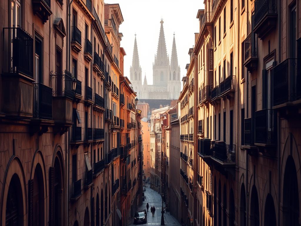 A stunning gothic cityscape of Barcelona's historic Gothic Quarter, bathed in the warm, golden glow of late afternoon light. Narrow, winding cobblestone streets are flanked by ancient, weathered stone buildings, their ornate facades and pointed arched windows casting dramatic shadows. Wrought-iron balconies and ornamental lampposts line the streets, adding to the timeless, atmospheric ambiance. In the distance, the iconic spires of the Barcelona Cathedral pierce the sky, a majestic centerpiece to this captivating scene. Try Spain.