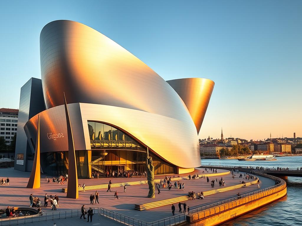 A stunning modernist masterpiece standing tall on the banks of the Nervión River in Bilbao, the iconic Guggenheim Museum shines in the warm afternoon light. Its undulating titanium-clad façade curves gracefully, reflecting the surrounding cityscape and glimmering waters. In the foreground, a bustling public plaza invites visitors to explore the museum's captivating exhibitions through expansive glass walls. Towering sculptures dot the landscape, complementing the building's bold architectural statement. In the distance, the historic city skyline rises, blending the old and new in a harmonious urban landscape. This image captures the Guggenheim's transformative role in Bilbao's reinvention as a vibrant, culture-rich destination.