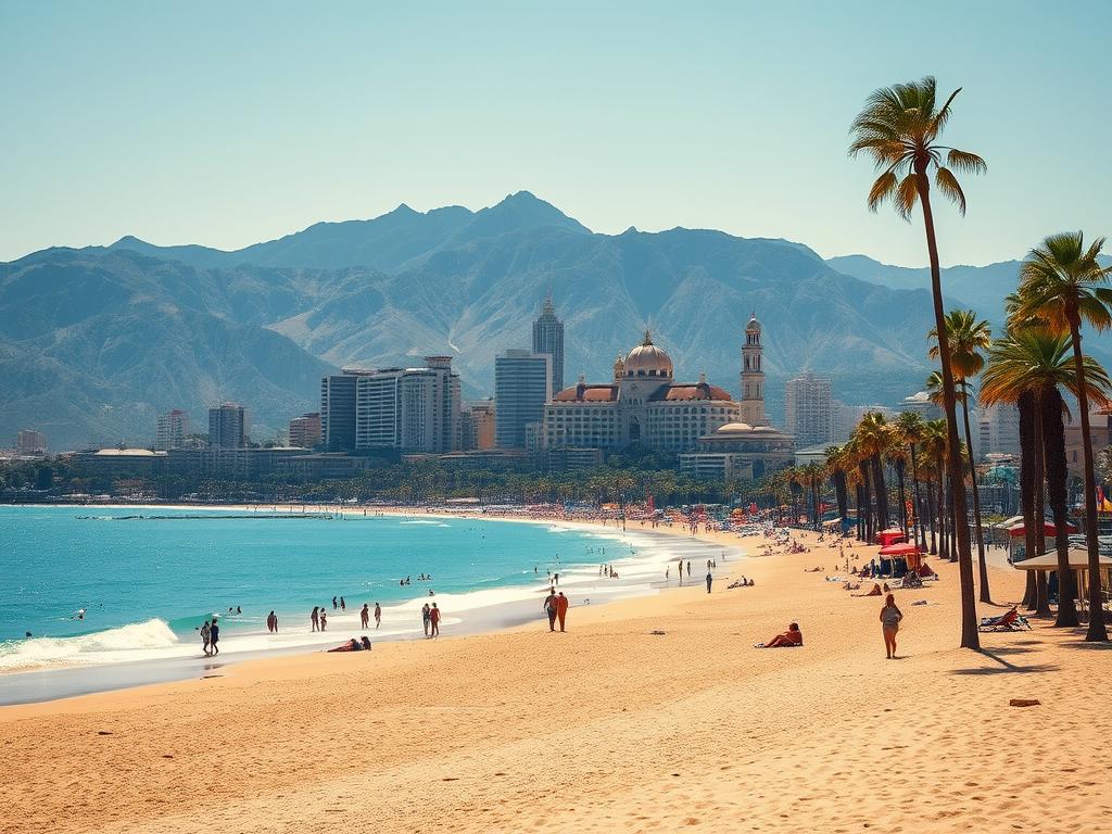 A stunning vista of La Malvarrosa beach in Valencia, Spain. In the foreground, golden sand stretches out, dotted with sunbathers and beachgoers enjoying the warm Mediterranean sun. Gentle waves lap at the shore, their rhythmic motion reflected in the sparkling turquoise waters. Towering palm trees sway in the soft breeze, casting dappled shadows across the scene. In the middle ground, the iconic architecture of Valencia's skyline rises, a harmonious blend of modern and historic structures. The background is dominated by the dramatic mountainous terrain, its rugged peaks framing the picturesque coastal landscape. The overall atmosphere is one of relaxation and coastal charm. Try Spain.