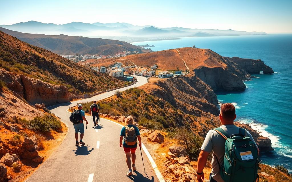 A sun-dappled coastal road winds through rugged hills, leading to picturesque Andalusian villages nestled along the sparkling turquoise waters of the Strait of Gibraltar. In the foreground, a group of adventurous travelers set out on a day trip, backpacks and hiking gear in tow, eager to explore the hidden gems surrounding the vibrant town of Tarifa. The middle ground features a scenic overlook, where visitors can gaze out at the dramatic cliffs and the distant silhouettes of the Moroccan coastline across the sea. The background is dominated by the majestic outline of the Rif Mountains, their peaks shrouded in a soft, golden haze. The overall mood is one of exploration, discovery, and the thrill of experiencing the natural beauty that makes this region of Spain so captivating.