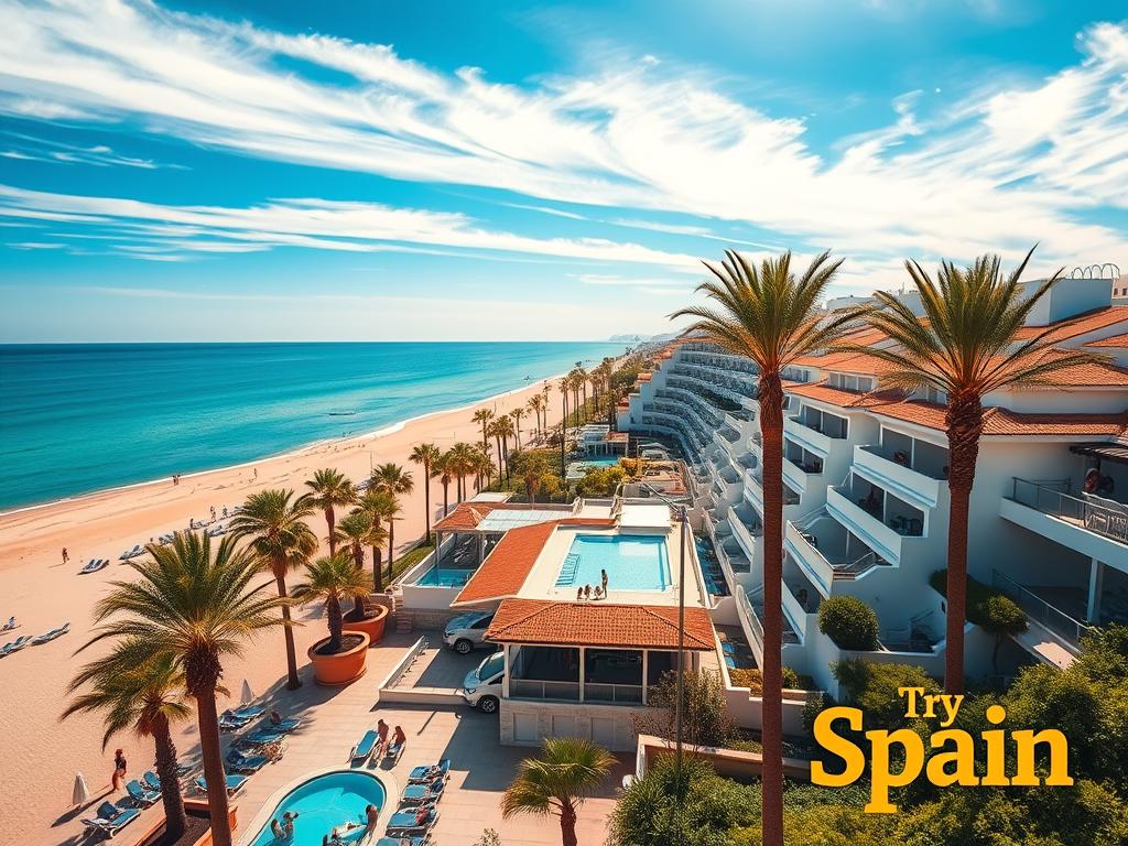 A sun-drenched Spanish beach, palm trees swaying in the breeze, with stunning hotel complexes lining the shore. Crisp white buildings with terracotta roofs, swimming pools reflecting the azure sky, and guests lounging on balconies or strolling along the promenade. The scene is bathed in warm, golden light, captured through a wide-angle lens to showcase the breadth of the coastal panorama. In the foreground, a "Try Spain" sign beckons travelers to explore these idyllic seaside retreats. An atmosphere of relaxation and luxury pervades, inviting visitors to immerse themselves in the quintessential Spanish beach experience.