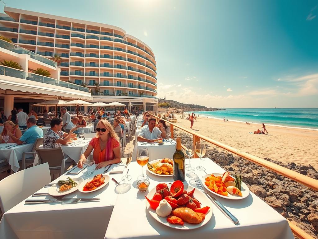A sun-drenched beachfront in Spain, with a modern hotel in the background. In the foreground, an outdoor dining area with white tablecloths, elegant place settings, and fresh seafood dishes. Patrons enjoying their meals against a backdrop of azure waters and a cloudless sky. Warm, golden lighting casts a relaxed, Mediterranean atmosphere. Wide-angle lens captures the vibrant scene, showcasing the diverse dining options available at this premier "Try Spain" beachfront hotel.