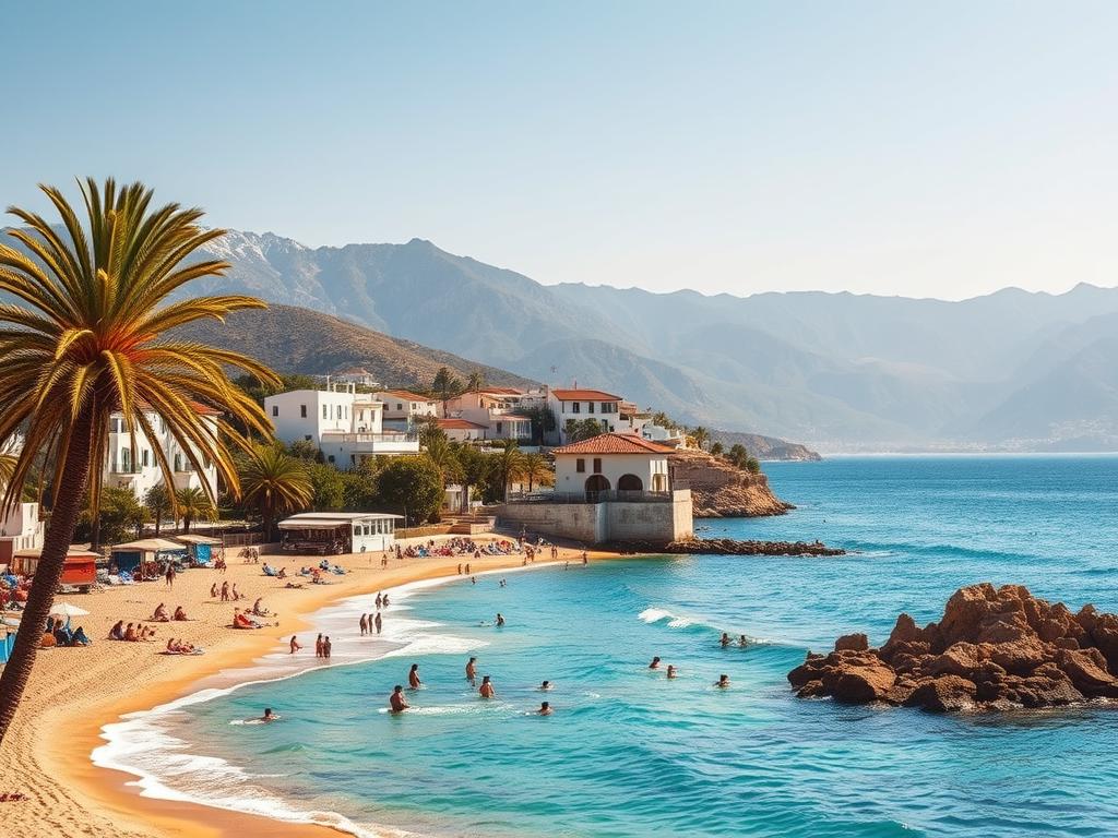 A sun-drenched coastal vista, azure waters lapping against golden sandy beaches. In the foreground, beachgoers soak up the warmth, their laughter and carefree spirit filling the air. Lush palm trees sway gently, casting dancing shadows across the scene. In the middle ground, whitewashed Mediterranean-style buildings with vibrant red-tiled roofs sit nestled among rolling hills. Beyond, majestic mountains rise, their peaks dusted with snow, creating a dramatic backdrop. Warm, golden light bathes the entire landscape, evoking a sense of tranquility and pure bliss. Try Spain - best summer destinations in Spain.