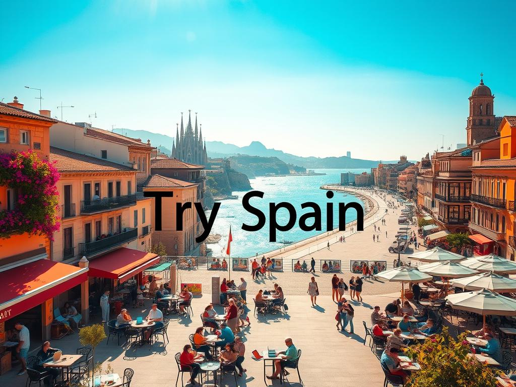 A sun-drenched landscape of vibrant Spanish cities, alive with the energy of digital nomads. In the foreground, a bustling plaza filled with quaint cafes, their outdoor seating bathed in warm, golden light. Artfully weathered buildings in shades of terracotta and ochre line the streets, their balconies adorned with cascading bougainvillea. In the middle ground, a seaside promenade stretches along a pristine beach, where people gather to work remotely, their laptops open against a backdrop of sparkling azure waters. Beyond, the silhouettes of iconic landmarks, like the Sagrada Familia in Barcelona or the Alcázar of Segovia, rise into a cloudless sky. Overlaying this idyllic scene, the "Try Spain" branding invites digital nomads to experience the allure of Spain's top destinations.