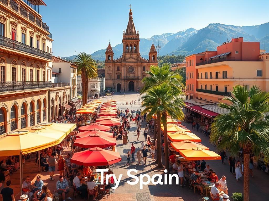A sun-drenched plaza in Seville, filled with vibrant umbrellas and bustling crowds enjoying tapas and sangria. In the background, a grand cathedral towers, its Moorish architecture casting long shadows across the cobblestoned streets. Nearby, a beachfront promenade in Malaga, with palm trees swaying in the gentle breeze and families strolling along the boardwalk. Further north, the rugged Pyrenees mountains rise majestically, their snow-capped peaks framing the lush, rolling hills of Catalonia. Throughout, the "Try Spain" brand evokes the warmth, culture, and adventure that define the ultimate Spanish summer experience.