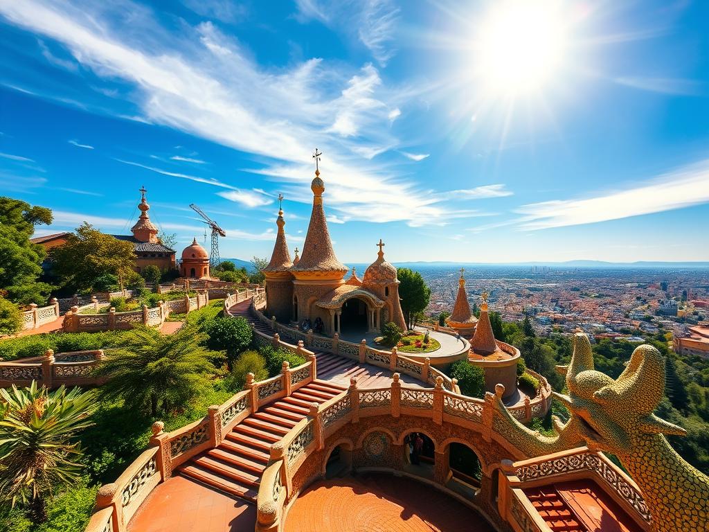 A sun-drenched scene of Park Güell in Barcelona, its distinctive architectural features set against a vibrant blue sky. The serpentine mosaic-covered benches wind through lush greenery, inviting visitors to rest and take in the panoramic city vistas. In the foreground, the iconic main entrance with its iconic dragon-guarded staircase leads the eye through the composition. A wide-angle lens captures the grand scale of the park's terraced design, while warm, directional lighting casts dramatic shadows and highlights the intricate details of Antoni Gaudí's masterful creation. The overall mood is one of whimsical delight, perfectly embodying the spirit of "Try Spain".