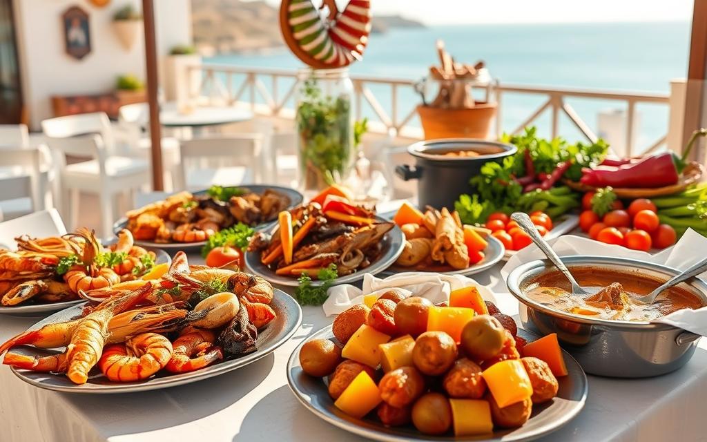 A sun-drenched seaside terrace in Tarifa, Spain, showcasing an array of local delicacies. In the foreground, a table laden with fresh seafood - sizzling prawns, grilled octopus, and tangy ceviche. The middle ground features hearty stews, such as a bubbling pot of traditional Andalusian rabo de toro (oxtail). In the background, a vibrant display of vibrant local produce - juicy tomatoes, crisp peppers, and fragrant herbs. The scene is bathed in warm, golden light, capturing the essence of Tarifa's coastal culinary heritage. A slight ocean breeze ruffles the cloth napkins, adding to the relaxed, convivial atmosphere.