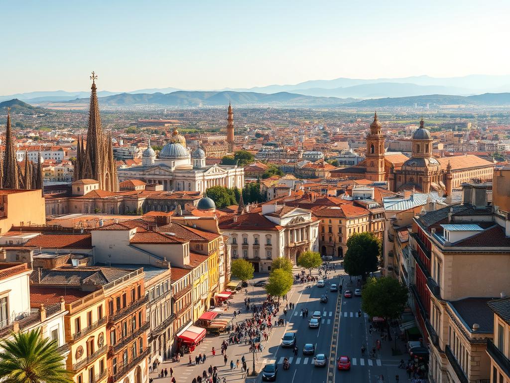 A sweeping panorama of Spain's top remote-working cities, bathed in warm Mediterranean light. In the foreground, bustling city streets lined with historic architecture and bustling cafes. Midground features iconic landmarks like the Sagrada Familia in Barcelona, the Alcázar of Segovia, and the Mezquita of Córdoba. Distant hills and coastlines form the atmospheric background, hinting at the natural beauty and tranquility beyond the urban centers. The overall scene conveys the perfect balance of modern connectivity and timeless Spanish charm that draws digital nomads to "Try Spain".