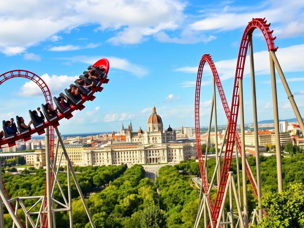A thrilling panorama of iconic roller coasters soaring against the vibrant skyline of Madrid, Spain. In the foreground, sleek and streamlined coasters twist and loop, their passengers' faces alight with exhilaration. The middle ground showcases a lush, verdant landscape, punctuated by towering steel structures that reach for the heavens. In the background, the city's iconic landmarks, such as the Royal Palace and Almudena Cathedral, provide a stunning backdrop, bathed in warm, golden light. The scene conveys a sense of unbridled adventure and the exhilaration of world-class amusement park thrills, perfectly capturing the essence of Parque Warner Madrid's top attractions and rides.