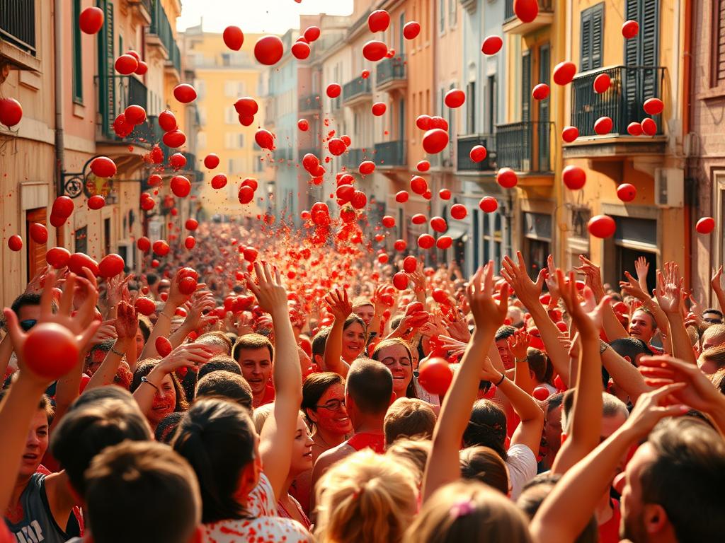 A vibrant, chaotic scene of the La Tomatina festival in Buñol, Spain. In the foreground, a crowd of revelers engage in a massive tomato fight, their faces and clothes stained in a riot of red. Tomatoes fly through the air, colliding with a satisfying splat. In the middle ground, narrow streets are lined with throngs of people, their arms raised high as they hurl tomatoes. In the background, brightly colored buildings and balconies overlook the spectacle, their facades spattered with tomato pulp. Warm, golden sunlight filters through the scene, casting a vibrant glow. Try Spain