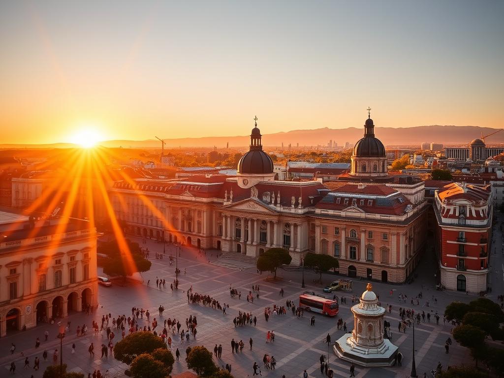 A vibrant cityscape bathed in the golden glow of a summer sunset. In the foreground, people stroll along the bustling Puerta del Sol, surrounded by the iconic architecture of historic buildings. In the middle ground, the spires of the Palacio Real and the domes of the Catedral de la Almudena rise majestically, casting long shadows across the lively plazas. The background is a panoramic view of the Madrid skyline, with modern high-rises and the distant silhouette of the Guadarrama Mountains, hazy in the warm evening light. The scene radiates an infectious energy, capturing the essence of Madrid's irresistible summer experience.