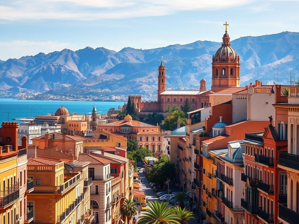 A vibrant cityscape of Málaga, the captivating cultural capital of Spain's Costa del Sol. In the foreground, historic buildings with iconic Andalusian architecture line the sun-drenched streets, their warm ochre hues reflecting the radiant Mediterranean light. In the middle ground, the majestic Gibralfaro Castle and the towering Baroque-style Catedral de Málaga rise majestically, commanding the skyline. In the background, the rugged peaks of the Montes de Málaga mountains provide a dramatic natural backdrop, their verdant slopes contrasting with the azure waters of the shimmering Mediterranean Sea. The scene exudes an atmosphere of timeless charm, history, and the vibrant energy that makes Málaga a must-visit destination.