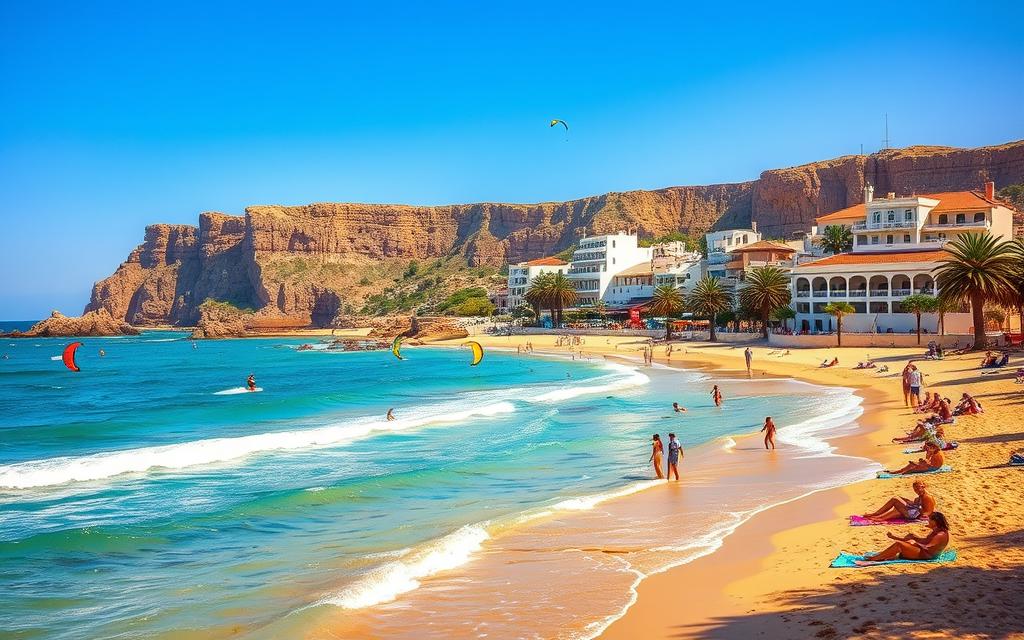 A vibrant coastal scene of Tarifa's pristine beaches, with crystal-clear turquoise waters lapping at golden sands. In the foreground, sunbathers relax on colorful beach towels, while kite surfers ride the gentle waves. A light sea breeze ruffles the lush palm trees lining the shore. In the middle ground, traditional white-washed buildings with red-tiled roofs stand in picturesque contrast to the rugged cliffs in the background. Warm, golden sunlight bathes the entire scene, creating a serene and inviting atmosphere. The overall composition captures the essence of Tarifa's laidback beach lifestyle and its stunning natural beauty.
