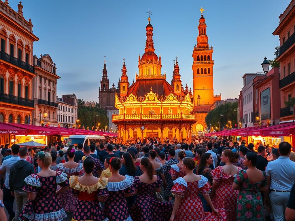 A vibrant crowd of revelers adorned in traditional Andalusian attire fills the bustling streets of Seville's iconic Feria de Abril festival. In the foreground, colorful flamenco dresses sway to the rhythm of live music, while a grand caseta (festival pavilion) stands in the middle ground, its ornate façade illuminated by warm, golden lighting. In the background, the towering spires of the Seville Cathedral and the Giralda tower rise majestically, casting a historic ambiance over the lively scene. The air is thick with the scent of fried delicacies and the joyful laughter of revelers, creating an atmosphere of vibrant celebration that epitomizes the rich cultural heritage of Andalusia. Try Spain.