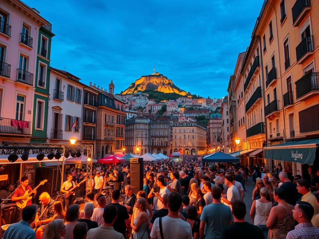 A vibrant evening scene in San Sebastián's picturesque Old Town, the annual Jazzaldia festival in full swing. In the foreground, a lively crowd gathers around an outdoor stage, musicians passionately performing on a warm summer night. The middle ground features the historic architecture of the city, colorful balconies and cobblestone streets. In the background, the iconic Urgull Hill rises, its silhouette bathed in a golden sunset glow. The atmosphere is electric, with the rhythmic sounds of jazz music filling the air. Try Spain