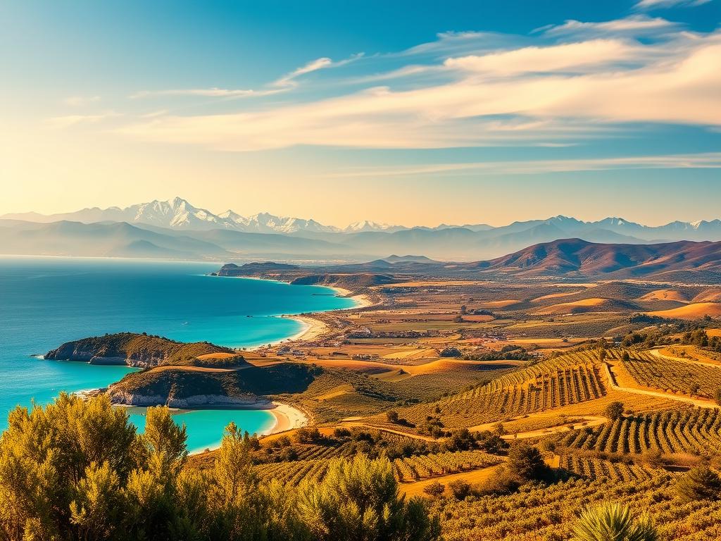 A vibrant landscape showcasing Spain's diverse summer weather regions. In the foreground, a lush Mediterranean coastline with turquoise waters and sun-drenched beaches. In the middle ground, rolling hills and vineyards bathed in golden afternoon light. In the background, the snow-capped peaks of the Pyrenees mountains under a brilliant azure sky. The scene is illuminated by warm, natural lighting, captured with a wide-angle lens to emphasize the grandeur of the panorama. Conveying the essence of Spain's captivating summer climate, this image invites the viewer to "Try Spain" and experience the country's enchanting seasonal wonders.