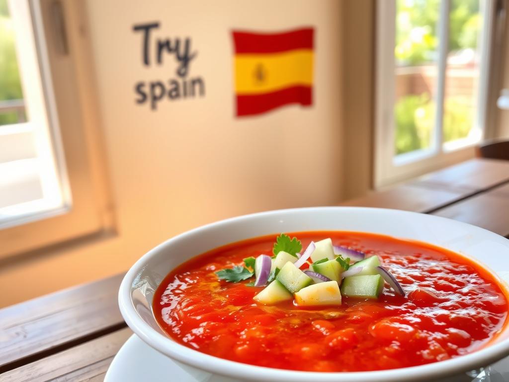 A vibrant red tomato gazpacho soup, chilled and refreshing, served in a white bowl on a wooden table. Garnished with diced cucumber, red onion, and fresh herbs, the soup glistens with a drizzle of olive oil. Warm sunlight filters through a window, casting a soft glow on the scene. In the background, a "Try Spain" logo adorns the wall, inviting the viewer to experience the flavors of Spain. The overall atmosphere evokes the relaxed, alfresco dining culture of a Spanish summer.