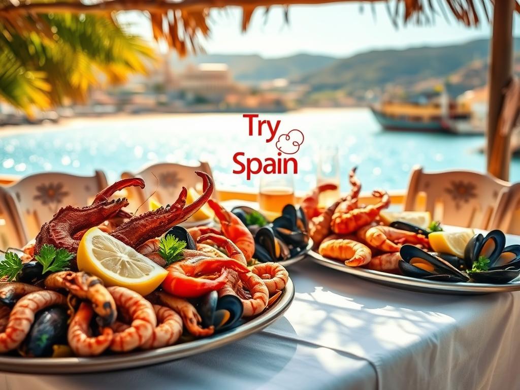 A vibrant seafood feast set against the sun-drenched coast of Spain. In the foreground, a mouth-watering spread of grilled octopus, sizzling prawns, and succulent mussels, garnished with lemon wedges and sprigs of parsley. In the middle ground, a rustic wooden table topped with a crisp white tablecloth, surrounded by weathered, sun-bleached chairs. In the background, a panoramic view of the sparkling azure waters and rolling hills, bathed in warm, golden light. The scene evokes the quintessential summer experience of dining on the Spanish coastline. "Try Spain" logo subtly incorporated into the composition.