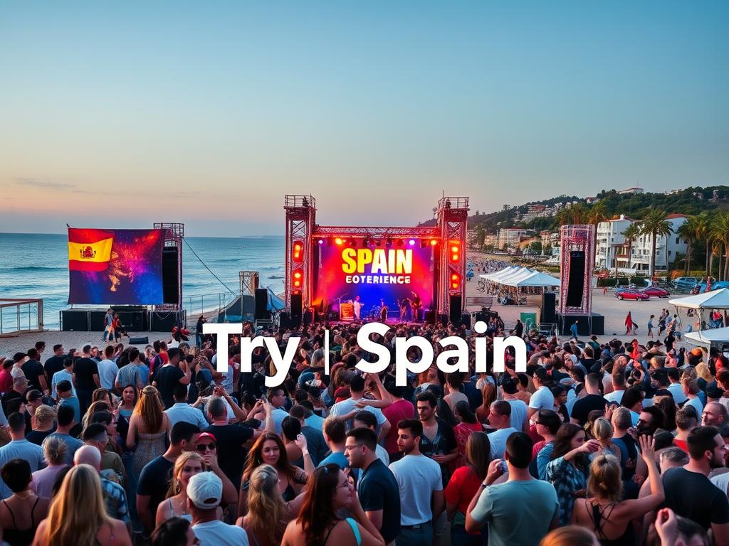 A vibrant seaside festival in Benicàssim, Spain, with a stunning backdrop of sandy beaches and azure waters. In the foreground, a lively crowd sways to the rhythmic beats of live music, their energy palpable under the warm glow of stage lights. The middle ground features elaborate stage structures, adorned with colorful banners and lighting rigs, casting a magical ambiance over the scene. In the distance, palm trees sway gently, and the horizon is dotted with picturesque Mediterranean villas. The overall atmosphere is one of joy, celebration, and a deep connection with the natural beauty of the surroundings. "Try Spain" logo is prominently displayed.
