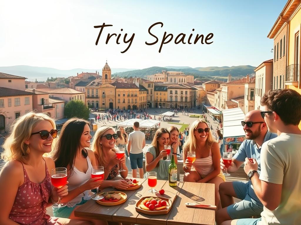 A vibrant summer scene in Spain: a group of friends enjoying a lively outdoor gathering, with a backdrop of a sun-drenched Spanish village. In the foreground, people are engaged in a variety of activities - sipping refreshing sangria, playing a spirited game of petanque, and savoring tapas together. The middle ground features a bustling plaza with colorful market stalls, where locals and tourists mingle. In the distance, the iconic architecture of Spain's historic buildings and the silhouette of rolling hills create a picturesque landscape. Warm, golden lighting filters through, capturing the joyful, laidback atmosphere. "Try Spain" - an invitation to immerse yourself in the spirited Spanish summer.