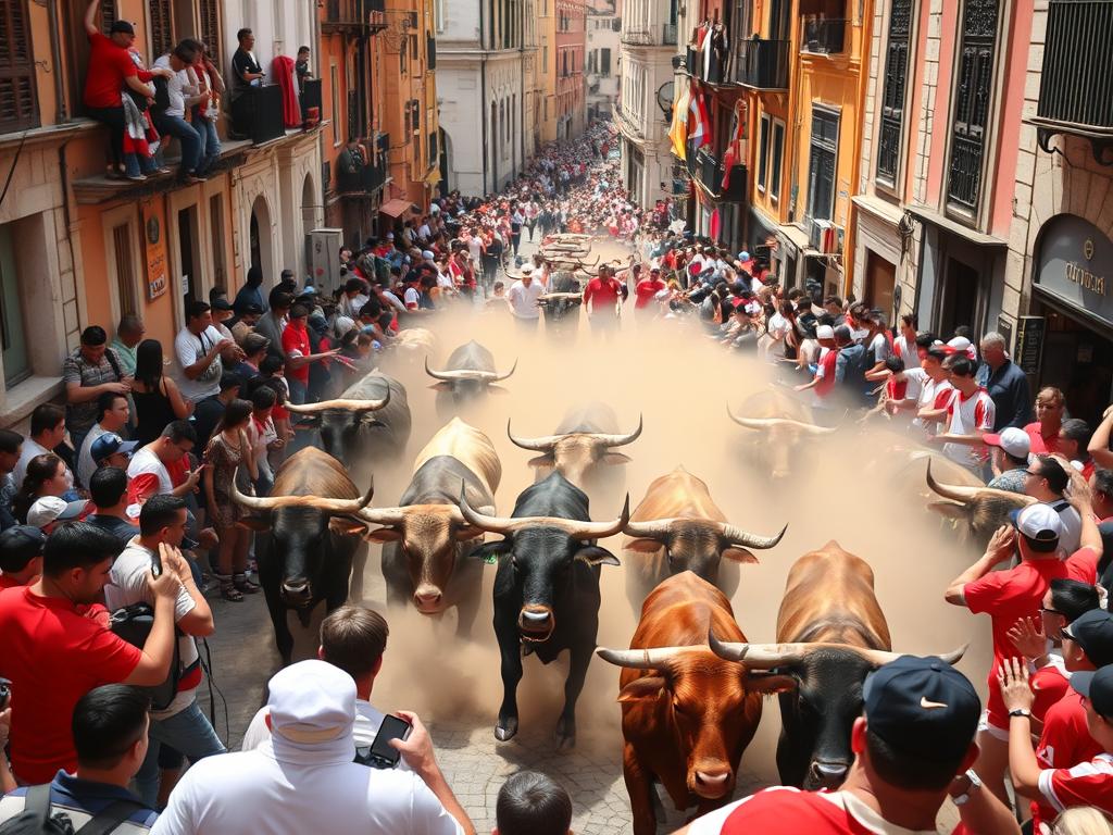 Bustling crowds of spectators, vibrant red and white clothing, a maze of narrow streets in the historic city of Pamplona. Amidst the chaos, a herd of powerful bulls thunders down the cobblestones, kicking up dust in a heart-pounding display of raw energy. Capture the adrenaline-fueled essence of the "Running of the Bulls" festival with a wide-angle lens, showcasing the dramatic interplay of humans and animals against a backdrop of traditional Spanish architecture. Convey the thrill and danger of this iconic event, with a dynamic composition that draws the viewer into the heart of the action. Ignite the viewer's wanderlust with this stunning image that celebrates the spirit of Spain. Try Spain.